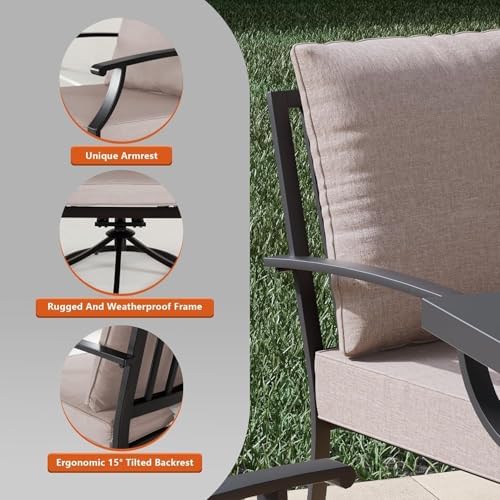 7 Piece Metal Outdoor Patio Furniture Set with 48"/55000 BTU Round Fire Pit Table,Outdoor Dining Table Set 6 Swivel Chairs No-Slip Cushions and Waterproof Covers,Sand - Image 4
