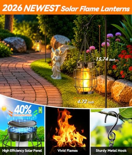 KOOPER Solar Lanterns Outdoor Waterproof, Upgraded Flickering Flame Hanging Solar Lights Outdoor Decorative, Metal Outdoor Hanging Lantern for Yard Patio Porch Garden Decor, Gift for Women Mom 2 Pack - Image 5