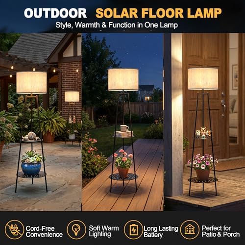 MXwcy 2Pack Solar Outdoor Floor Lamps with Plant Shelves, Waterproof Solar Standing Lamps for Patio Porch Garden Yard, Auto On/Off Warm LED Outdoor Floor Lights, Cordless 2-Tier Plant Stand Decor - Image 5