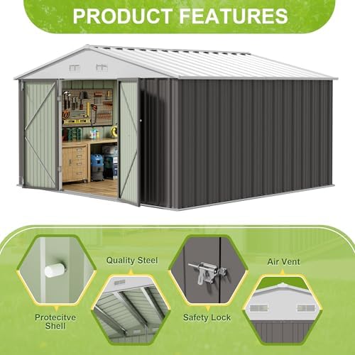 JUMMICO 10x10 FT Outdoor Storage Shed, Grey - Image 4