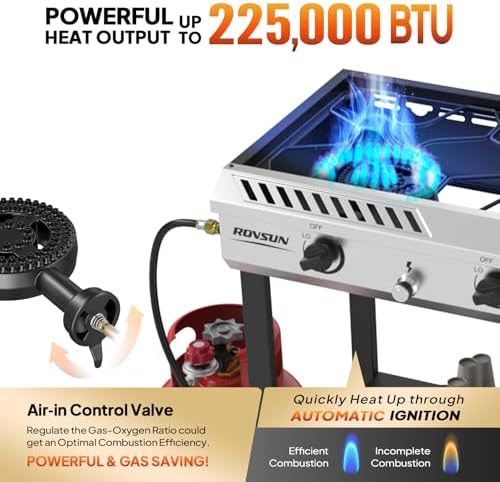 ROVSUN 3 Burner Propane Stove with Auto Ignition, 225,000 BTU Gas Stove with Storage Shelf, Rolling Wheels & Regulator for Home Outdoor Backyard Camping Cooking Frying Brewing Canning - Image 3