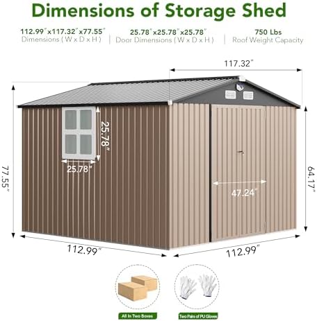 MXV 10 x 10FT Outdoor Storage Shed, Metal Garden Shed with Windows, Double Lockable Doors & Sloped Roof, Magnetic Solar Lamp, Tool Sheds for Backyard Garden Patio Lawn, Brown - Image 2