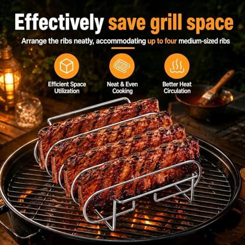 Rib Rack for Smoking –Rib Racks for Grilling and Smoking for 4 Full Racks of Ribs– Fits 18" Smoker, Weber, Kamado, Traeger – BBQ Grill Accessories for Men & Meat Lovers（11", Silver, 1 Pack） - Image 6
