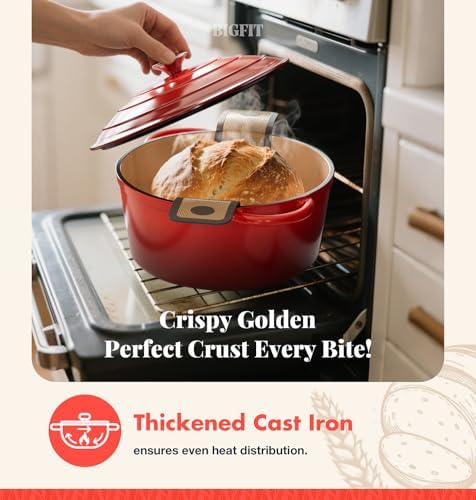 5QT Dutch Oven for Sourdough Bread Baking, Red Cast Iron Bread Pan with Lid - Image 5