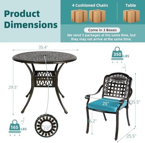 MEETWARM 5 Piece Patio Dining Set, Outdoor All-Weather Cast Aluminum Dining Table Set, Patio Furniture Set for Backyard, Include 4 Chairs with Cushions and a 35.4" Round Table, Ocean Blue - Image 4