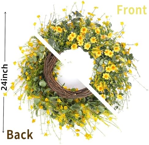 Sggvecsy Yellow Daisy Wreath 24 Inch Spring Summer Wreath Fake Silk Floral Wreath with Green Eucalyptus Leaves and Lavender for Front Door Window Wall Wedding Farmhouse Festival Decor - Image 6