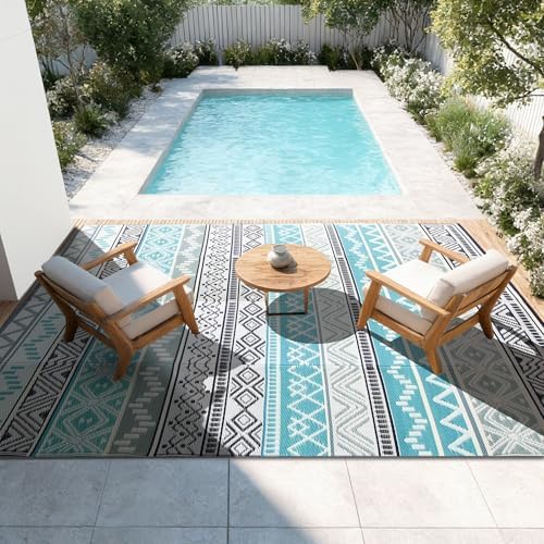 Outdoor Rug 5 x8 ft, Plastic Rug for Patio, Blue & Grey - Image 3