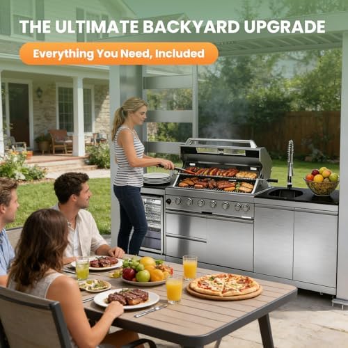108" Outdoor Kitchen Island Crafted from Stainless Steel,6-Burner 85,000 BTU Propane Grill,Rotisserie Oven,Galvanized Steel Roof,Granite Countertops,Refrigerator,Storage Cabinets,Sink.(Propane Gas) - Image 3