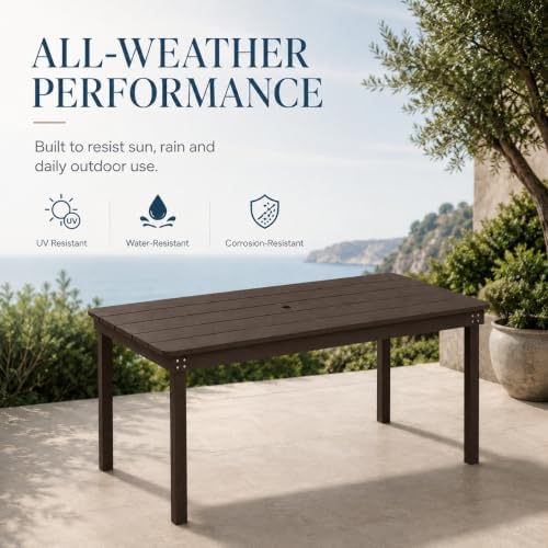 64" Rectangular Outdoor Dining Table, All-Weather HDPE Patio Table for 6-8 Person, Large Composite Wood Furniture with Umbrella Hole for Backyard Deck Garden Poolside, Coffee - Image 4