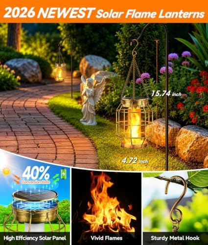 KOOPER Solar Lanterns Outdoor Waterproof, 4 Pack Upgraded Flickering Flame Hanging Solar Lights Outdoor Decorative, Metal Outdoor Hanging Lantern for Yard Patio Garden Decor, Gift for Mom (Bronze) - Image 5