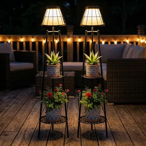 2 Pack Solar Floor Lamps Outdoor with 2-Tier Plant Stand, Metal Tall Planter Holder with Waterproof LED Lantern, Decorative Patio Light & Flower Pot Display Rack for Garden, Deck, Porch, Balcony by VISFLAIR