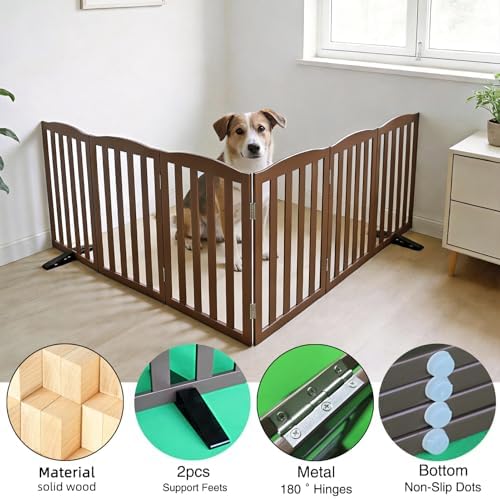 Freestanding Dog Gate Indoor,Doggie Gate Foldable Pet Gates for Doorways,Stairs or Hallways, Wooden Brown Pet Gate for the House, Pet Fence with Support Feet Included,32 "Height-6 Panels - Image 5