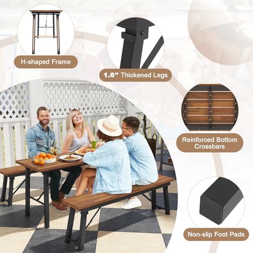 Tangkula Outdoor Dining Table With Benches for 4-6 Persons, No Assembly Foldable 59 Inches Narrow Patio Dining Table with Acacia Wood Top & Heavy Duty Metal Frame, for Yard, Garden, Poolside or Indoor - Image 5