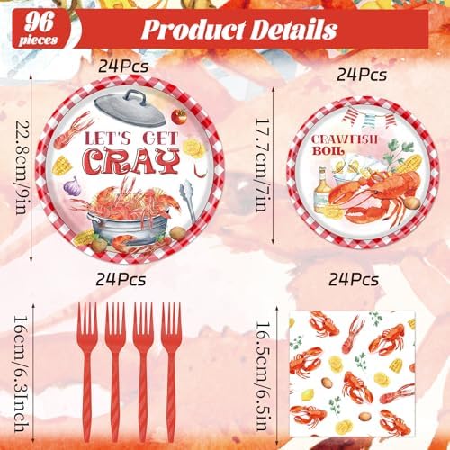 Gameza Crawfish Boil Party Decorations, 96PCS Crawfish Paper Plates Napkins Table Birthday Decoration, Crayfish Crab Seafood Shrimp Theme Forks Decor Supplies for Summer Serve 24 - Image 2