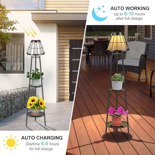 MXwcy 2-Tier Solar Plant Stand with Light, Modern Outdoor Floor Lamp with Classic Grid Lantern, Waterproof Tall Metal Planter Display Rack for Patio, Porch, Balcony, Garden Decor (2 Pack) - Image 3