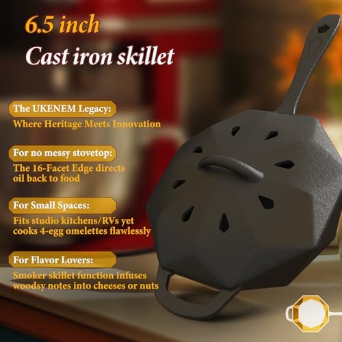 Cast Iron Skillet with Lid,Pre-seasone Mini Cast Iron Smoker Skillets & Egg Pan with Assist Handle, 6.5 Inch Octagonal Design Frying Pan for Searing, Baking, Grilling, Roasting (Skillet-1) - Image 3