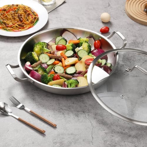 DELARLO 13 Inch Tri-Ply Stainless Steel Paella Pan With Lid, Big Frying Pan, kitchen Induction Large Skillets,Great for Paella Parties Indoors Outdoors,Heavy Duty Style - Image 5