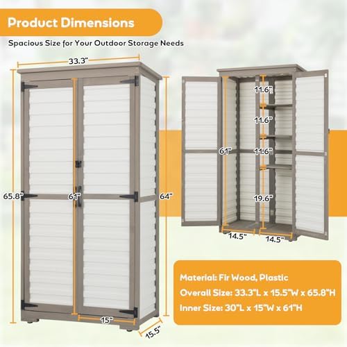 PetsCosset Outdoor Storage Cabinet with Shelves, Wood & Plastic Garden Shed, Weatherproof Outside Tool Cabinet for Patio, Backyard, Pool - Image 3