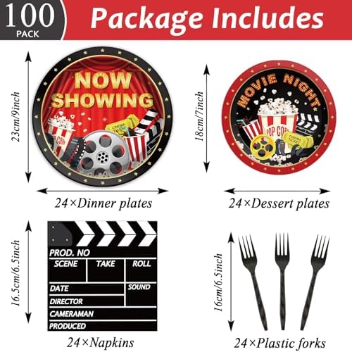 Naozinebi Movie Night Party Plates Movie Themed Paper Tableware Now Showing Theater Themed Decorations Dinnerware for Film Action Lights Camera Red Carpet Birthday Party Supplies Serve 24 - Image 2