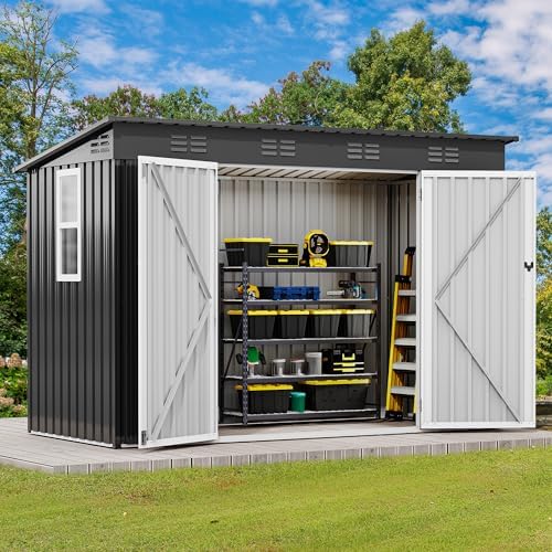 DWVO 9x4ft Large Tool Storage Shed with Window, Lockable Doors, and Sloped Roof, Oversized Steel Outdoor Storage Shed for Garden, Patio, Garage, Backyard, Lawn - Dark Gray - Image 3