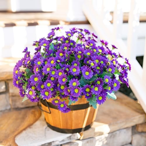 Daisy Artificial Flowers for Outdoors Autumn Fall Decoration, 6 Bundles Fake Mums Purple Silk Flowers for Outside Look Real UV Resistant Faux Flowers Plants for Planter Front Door Home Indoor Porch - Image 2