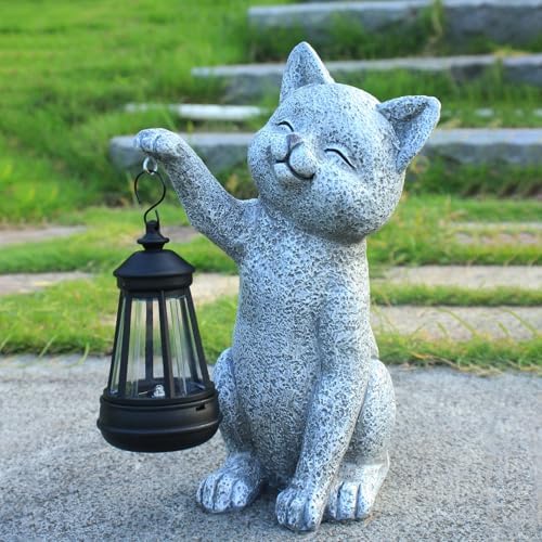 Cat Garden Statue Decorations Outdoor,Solar Resin Figurine with Hanging Lantern Outdoor Decor(cat2) - Image 2