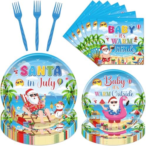Gameza Tropical Christmas Party Decorations - 96PCS Baby It's Warm Outside Party Plates Napkins and Forks Tableware Set Disposable, Summer Santa in July Holiday Christmas Vacation Supplies Decor by GAMEZA