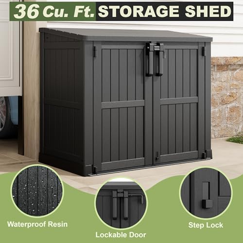 36 Cu Ft Horizontal Resin Storage Shed, Weatherproof Outdoor Storage Cabinet with Dual Lock Door, Fits Small Trash Cans, Generators, & Garden Tools, Matte Black - Image 5