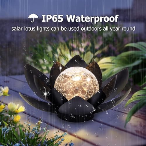 Huaxu Solar Lights Outdoor Garden Decor Metal Black Lotus Decoration, Crackle Globe Glass Waterproof LED Outside Table Lamp for Patio,Lawn, Yard,Walkway,Tabletop,Ground Gifts for Mom - Image 2