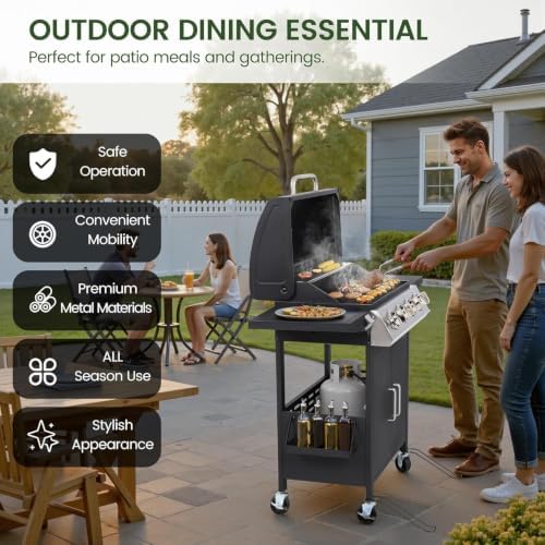 HUGROVE 4-Burner Propane Gas BBQ Grill, Upgraded 40,000 BTU Stainless Steel Barbecue Grill with Foldable Side Tables, Spice Rack & Wheels for Outdoor Cooking - Image 3