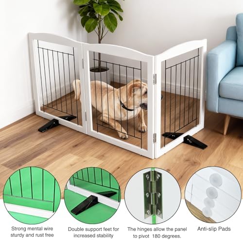 ZJSF Freestanding Dog Fence Indoor, Foldable Dog Gate for Doorways, Stairs or Hallways, Sturdy Wood Extra Wide Pet Gate with Support Feet for The House, White, 24 "Height-3 Panels - Image 5