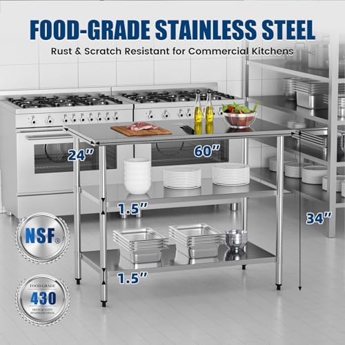 Stainless Steel Work Table 24 x 60 Inch with 2 Adjustable Undershelves, Heavy-Duty Metal Prep Table for Commercial Kitchen & Restaurant, Garage, Outdoor - Image 3