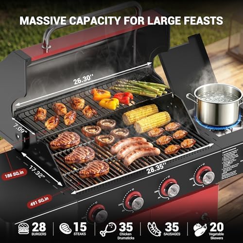 HUGROVE 4-Burner Liquid Propane Gas Grill, 56,000 BTU with Side Burner Red - Image 4