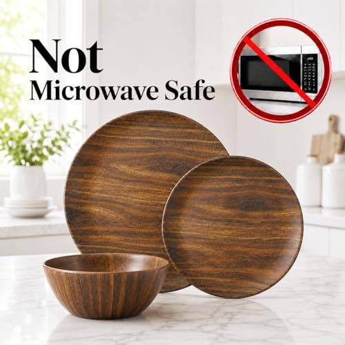 TP 12-Piece Melamine Dinnerware Sets, Service for 4, Wood Grain - Image 2