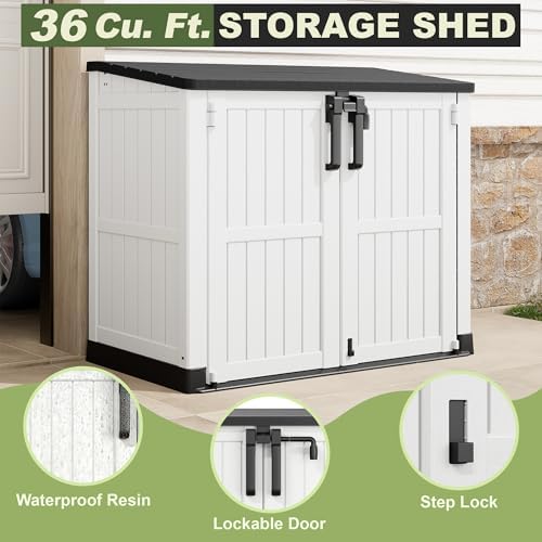 Plastic Outdoor Storage Shed, 36 Cu Ft Waterproof Outdoor Storage Cabinet with Dual Lock Door for Backyard, Patio, Garage, Garden to Store Tools & Accessories, Wood-Grain (Ashen-Black) - Image 3