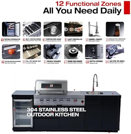98-Inch 4-Burner Natural Gas Outdoor Kitchen Grill Island - 72000 BTU Stainless Steel BBQ, Refrigerator, Rotisserie, Stainless Countertops, For Patio, Lawn, Backyard, Black - Image 5