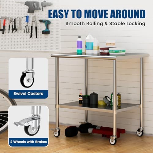 Stainless Steel Work Table with Wheels, 30x36 Inch NSF Kitchen Prep Table with Adjustable Undershelf for Commercial Restaurant, Garage, Outdoor BBQ - Image 6