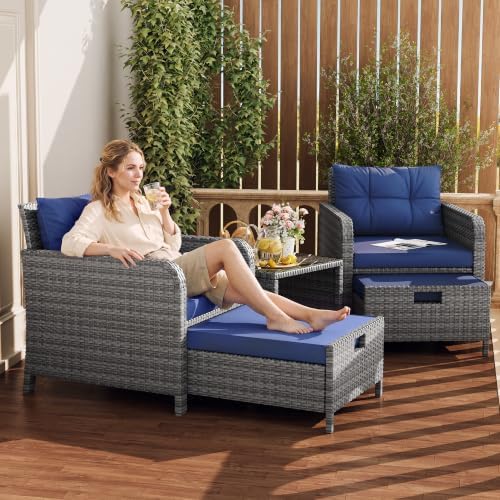 LHBcraft 5 Piece Patio Furniture Set, PE Wicker Outdoor Furniture Set with Soft Cushions & Coffee Table, Outdoor Lounge Chairs with Ottoman for Porch, Lawn, Balcony, Grey-Blue - Image 2