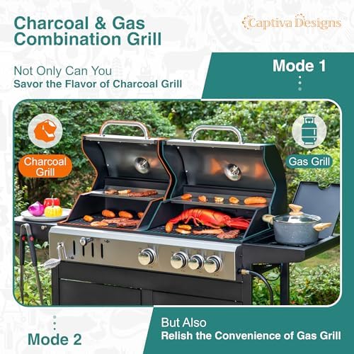 Captiva Designs Propane Gas and Charcoal Grill Combo with Side Burner,Black - Image 2