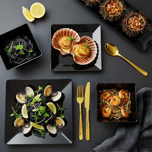 TP 12-Piece Melamine Dinnerware Sets, Square, Service for 4, Black - Image 6