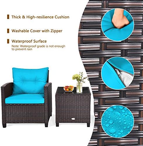 RELAX4LIFE 3 Piece Patio Furniture Set, Wicker Bistro Conversation Set w/ 2 Cushioned Armchairs & Glass Topped Table, Outdoor Rattan Sofa for Porch Balcony Poolside (Turquoise) - Image 4