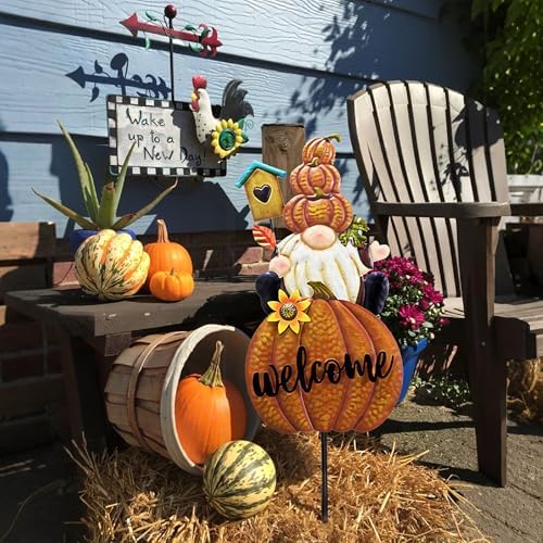 TERESA'S COLLECTIONS Fall Outdoor Decor, Gnomes Decorations for Yard, Metal Pumpkin Fall Garden Decorations, Welcome Signs Stakes, Thanksgiving Orange Autumn Decor for Lawn Patio, 16" - Image 5