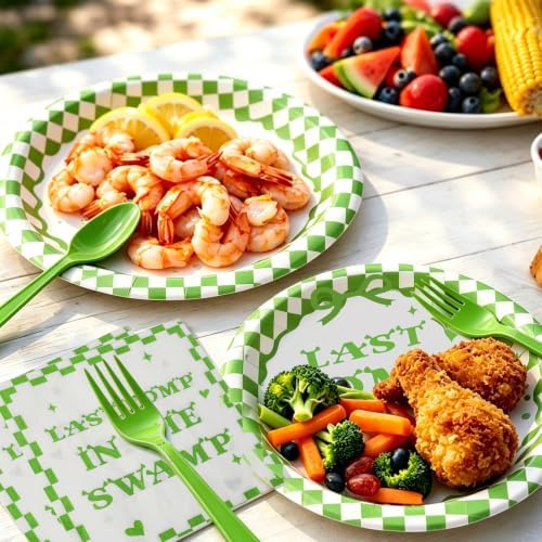 125 Pcs Last Romp in the Swamp Tableware Set, Serves 25 Guests,Swamp Themed Bachelorette Supplies with Green Plaid Plates, Napkins & Forks,Green Tableware for Bachelorette, Bridal Shower - Image 6