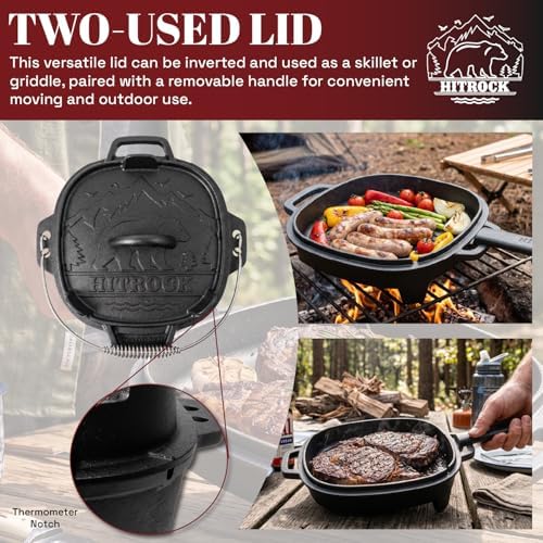 HITROCK Cast Iron Camp Dutch Oven 9QT, Pre-Seasoned Camping Dutch Oven with Lid, Flat Bottom Outdoor Pot with Lid Lifter,Pot Stand, Storage Bag & Handle for Camping, Baking, Grilling, Rounded-square Shape - Image 6