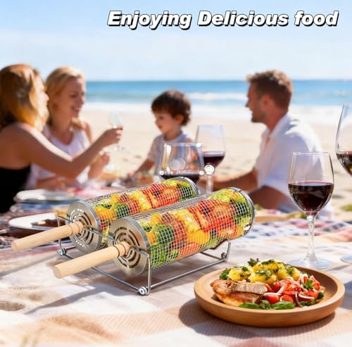 2PCS Rolling Grill Basket Grilling Accessories - Removable Wooden Handle, 304 Stainless Steel,Nesting Barbecue Tools,Smoker BBQ Accessories for Vagetable,Outdoor Cooking Camping,Picnic,Dinner Party,Gifts for Men Dad and Husband - Image 6
