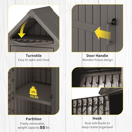 Fancyango Outdoor Resin Storage Cabinet Sturdy All-Weather Shed with Removable Shelves Lock Ring & Reinforced Floor – for Garden Patio Lawn (Grey) - Image 6