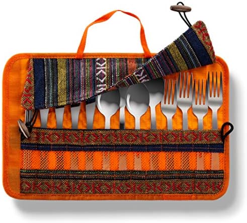 13 Piece Stainless Steel Family Cutlery Picnic Utensil Set with Travel Case for Camping | Hiking | BBQs - Includes Forks | Spoons | Knifes | Chopstick, Plus Nylon Commuter Case (Orange) - Image 2