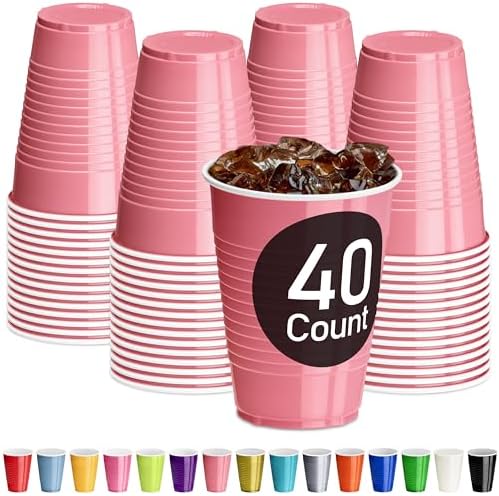 DecorRack Light Pink Plastic Cups, 12 oz Disposable Cups, Reusable Party Supplies (40 Count) by DecorRack