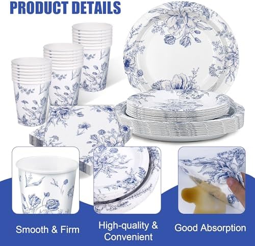 Kochorie 96 Piece Blue and White Floral Disposable Party Supplies Elegant Floral Paper Plates, Cups, and Napkins 9 Inch and 7 Inch Plates Serves 24 Guests for Birthday or Baby Shower - Image 3