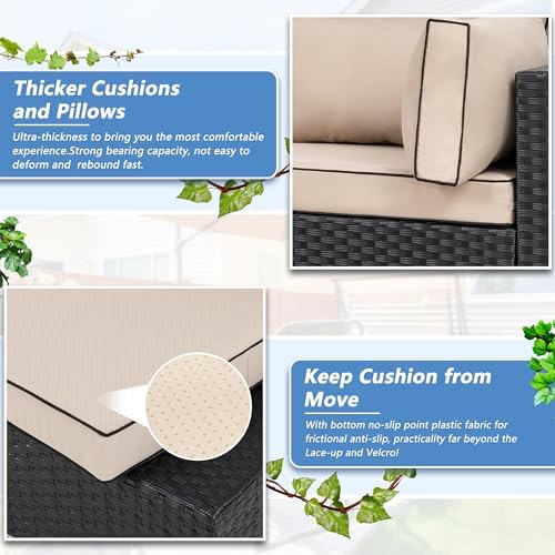 Shintenchi 7 Piece Outdoor Patio Furniture Set with Black PE Rattan, Khaki - Image 5